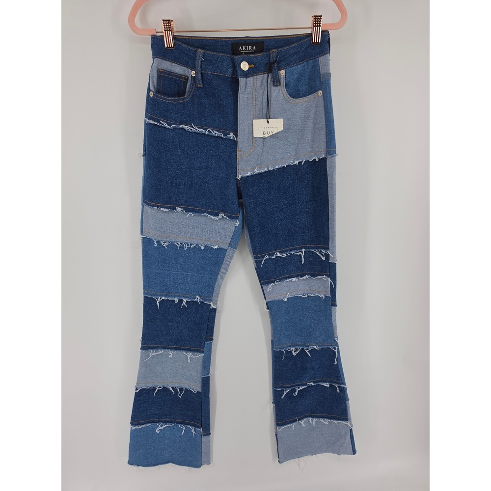 Akira Patchwork Denim Jeans Multi Tonal Blue Frayed Seam High Waist Size 7 W27